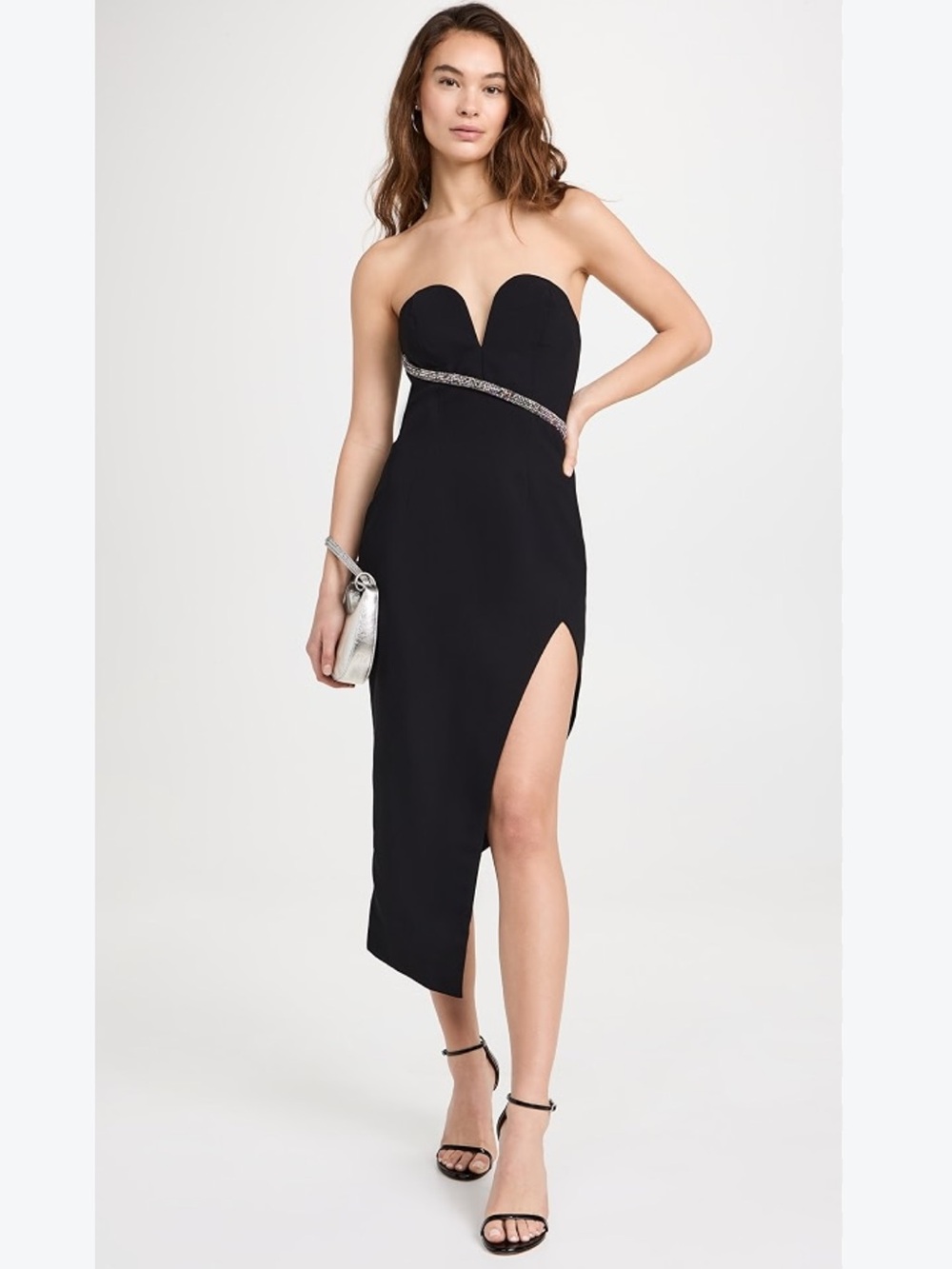 Amanda Uprichard Black Strapless Rhinestone High Slit Cocktail Midi Dress XL